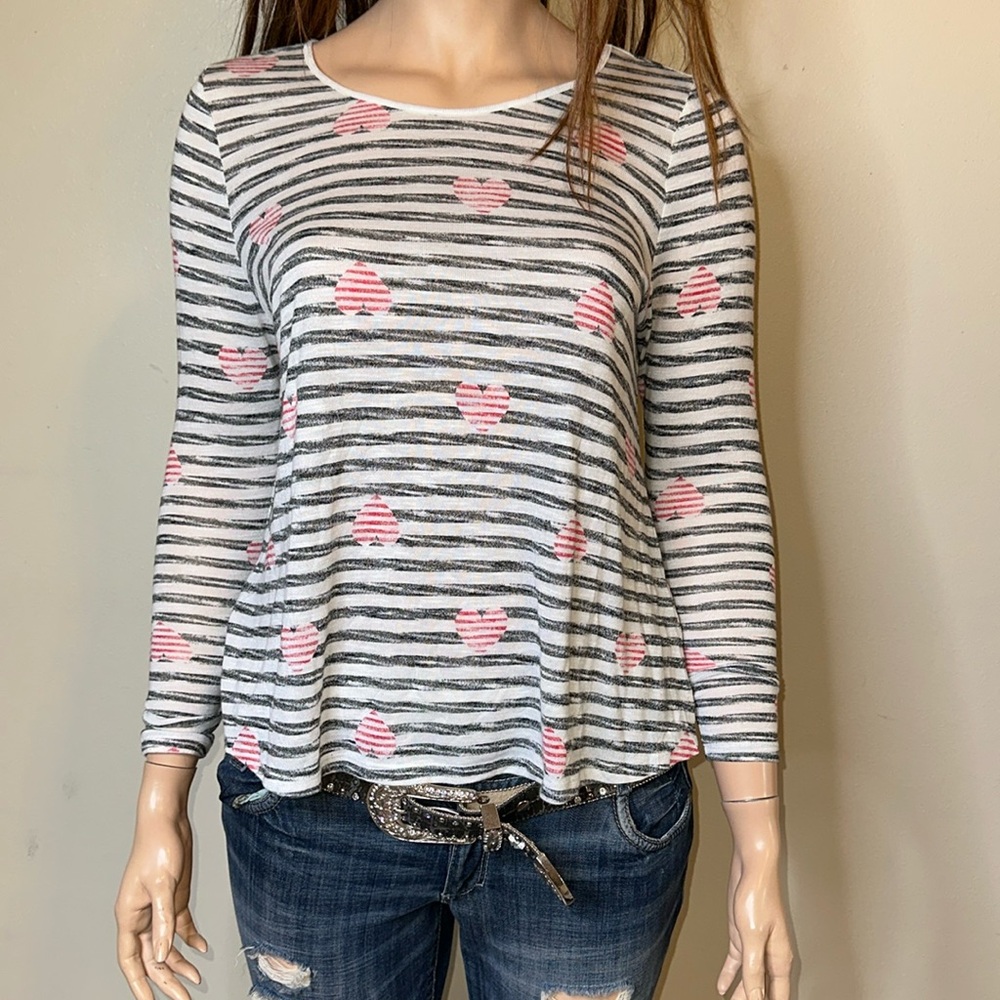 Lane Bryant Gray & Pink Striped Heart Long Sleeve Top